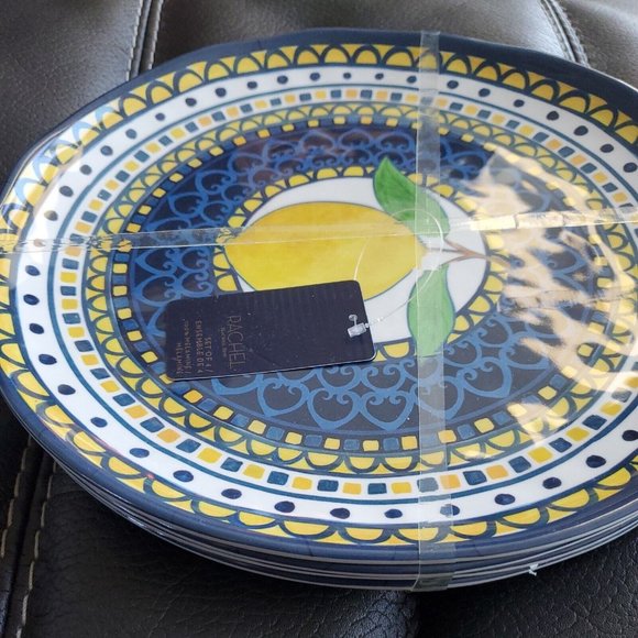 RACHEL ROY Set of 4 LEMON Melamine 11" DINNER PLATES Round NAVY YELLOW WHITE NWT - Picture 4 of 5